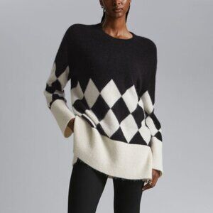 & Other Stories Argyle Knit Sweater M Black White Checked Diamond Oversized